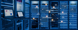 Monitor show information of network traffic and status of devices in data center room