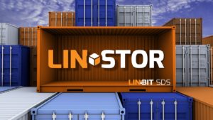 linstor linbit sds logo with containers in the background